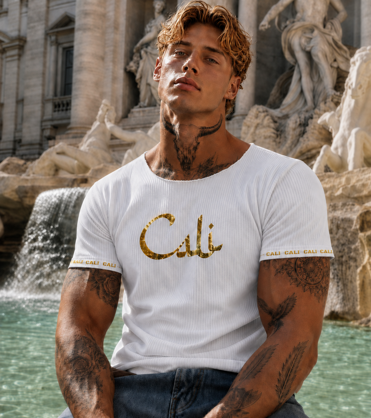 Camiseta Cali canelada branca e dourada