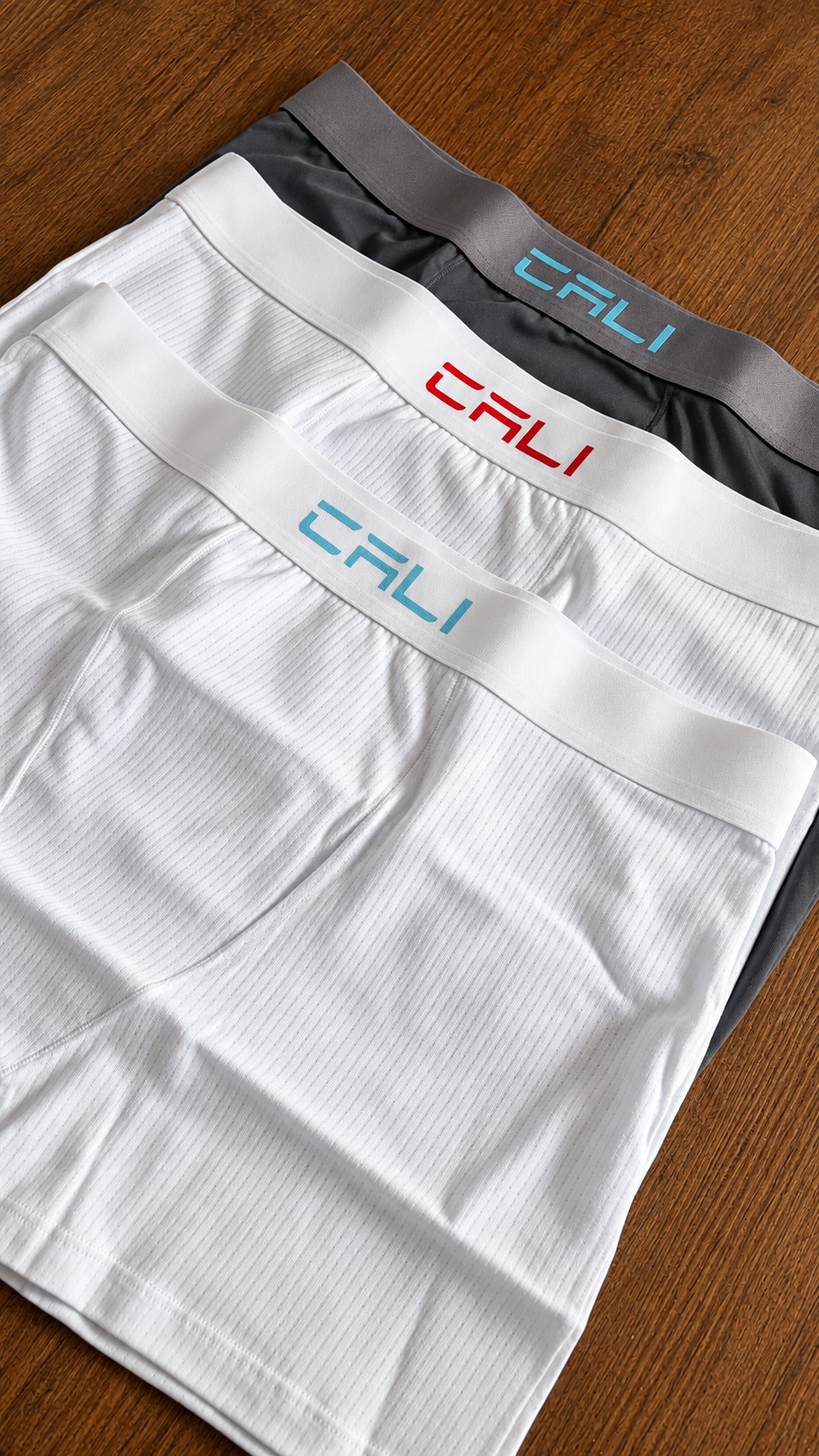 Kit com 3 Cuecas Cali Branco/Azul, Branco Vermelho/Cinza Azul