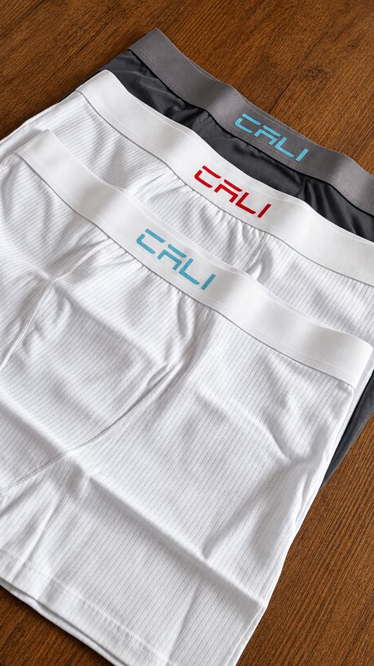 Kit com 3 Cuecas Cali Branco/Azul, Branco Vermelho/Cinza Azul