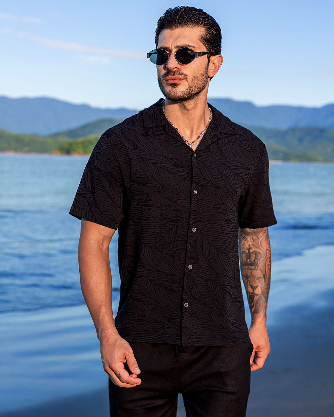 Camisa Leaf Jacquar Preta