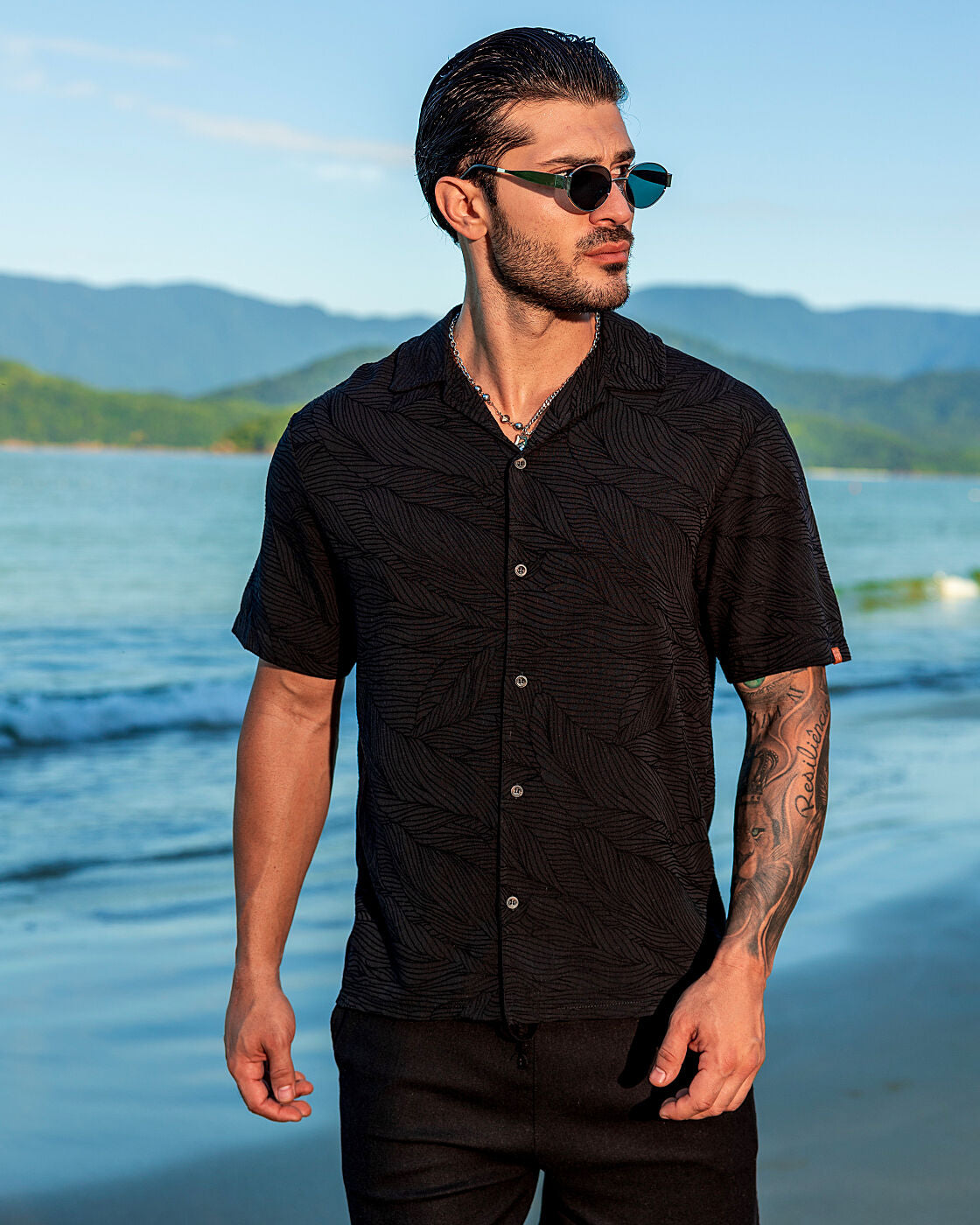 Camisa Leaf Jacquar Preta