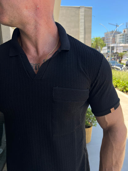 Camiseta Polo Tricot Gola V Preta