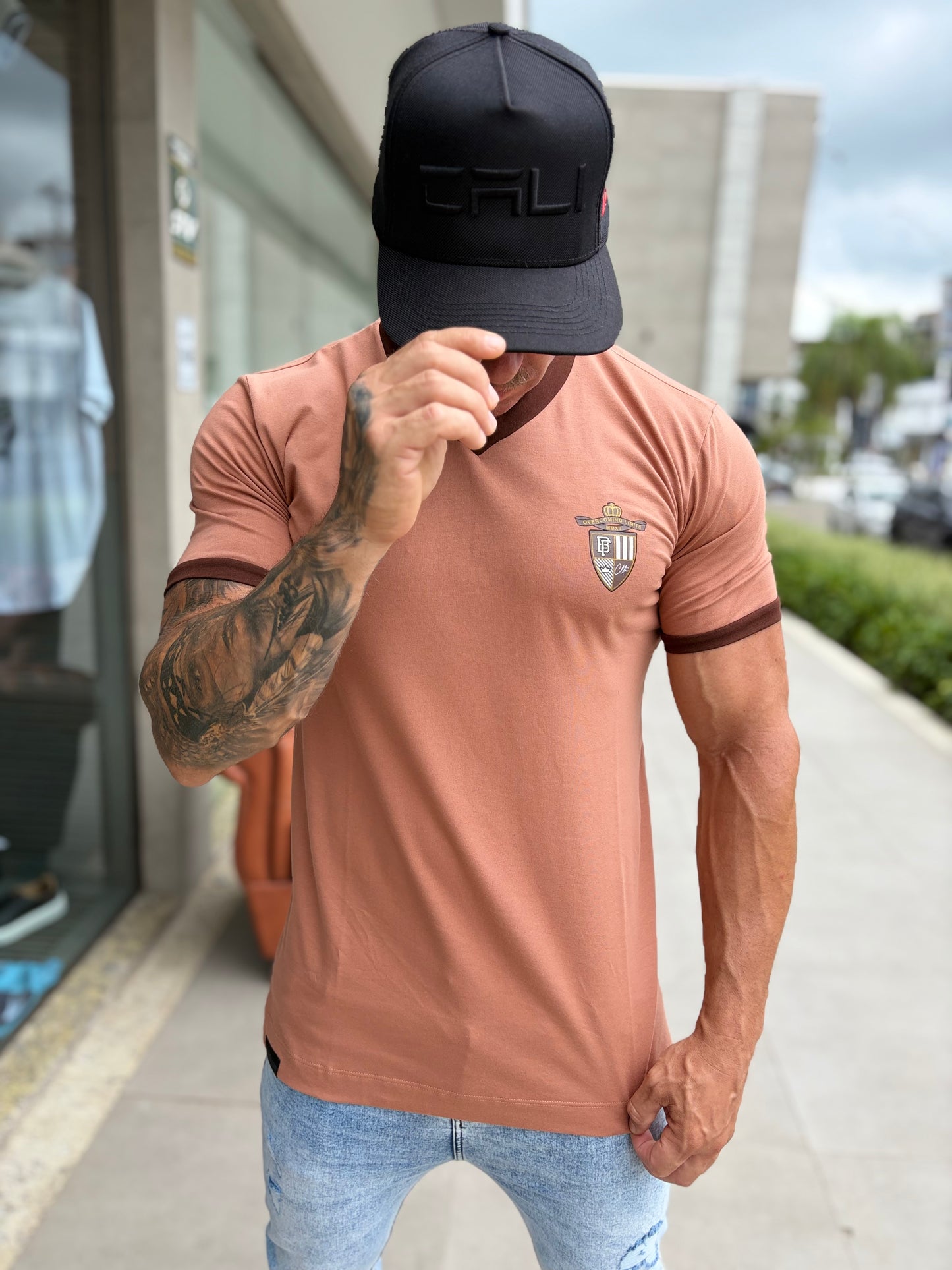 Camiseta Slim V Brasão Mocha FB