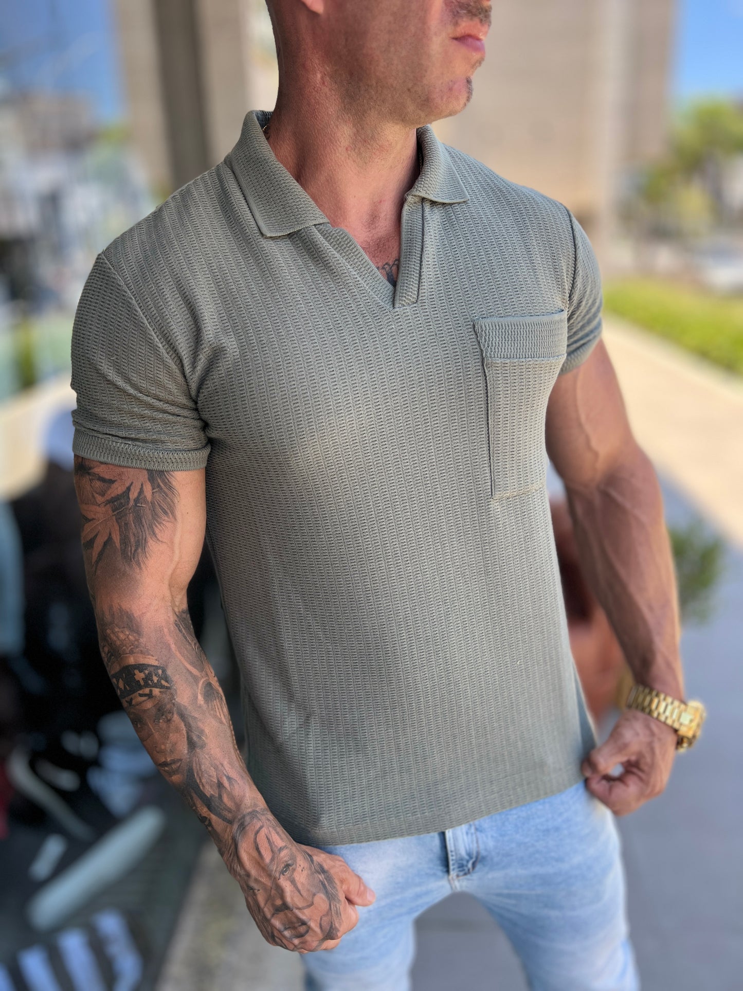 Camiseta Polo Tricot Gola V Verde Militar