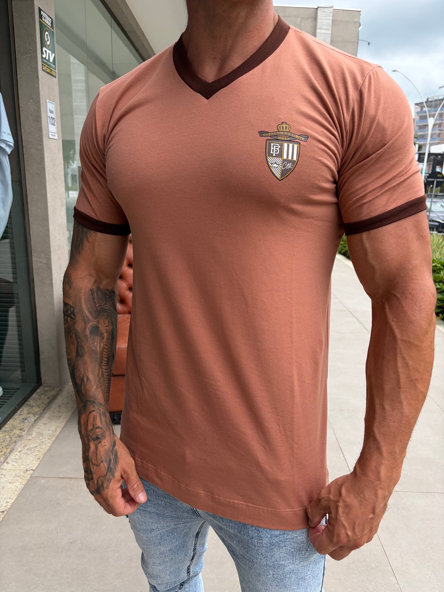 Camiseta Slim V Brasão Mocha FB