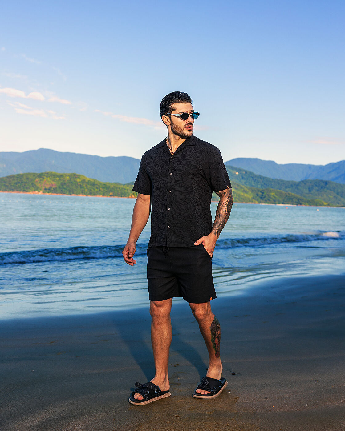 Camisa Leaf Jacquar Preta