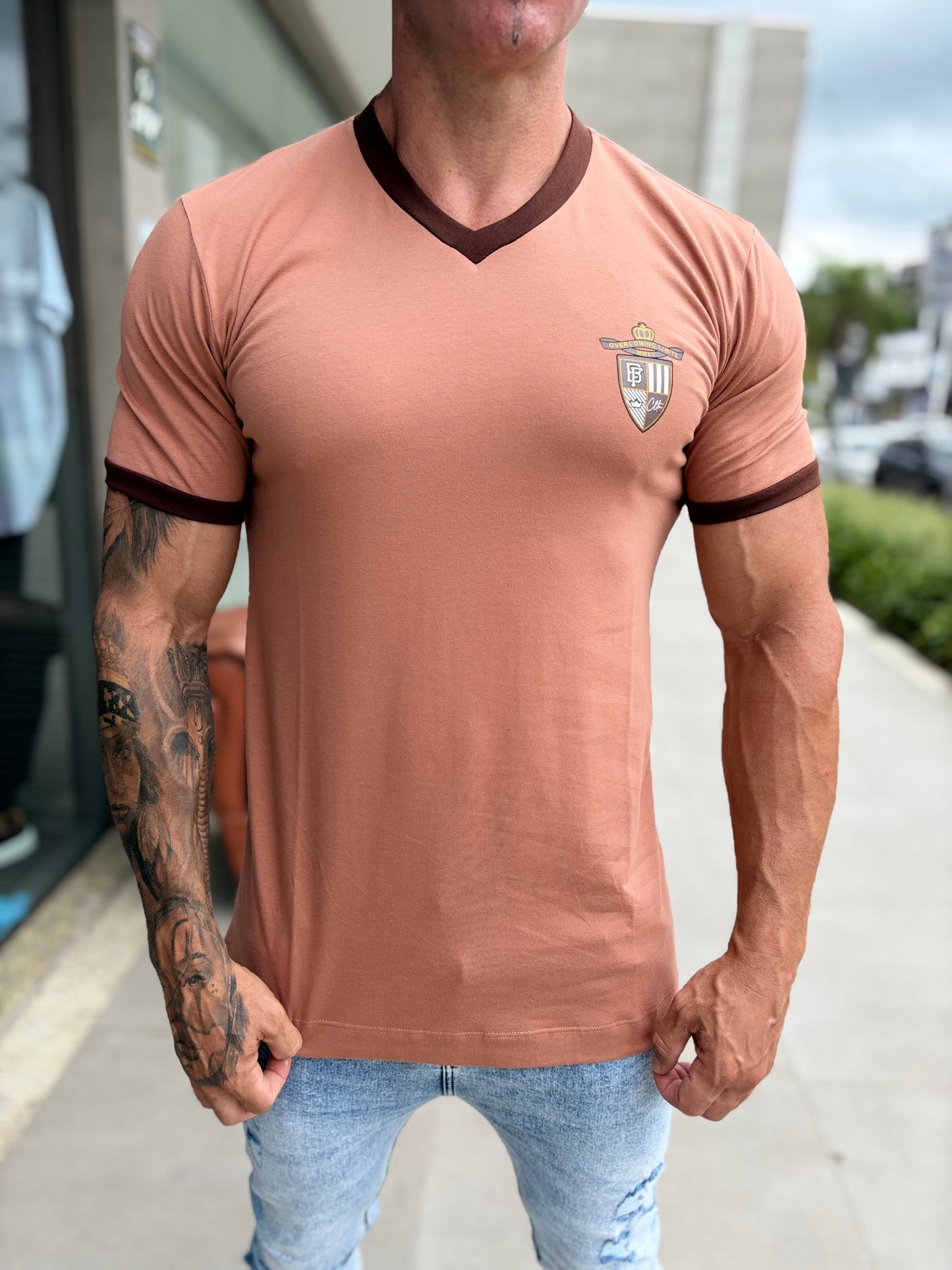 Camiseta Slim V Brasão Mocha FB