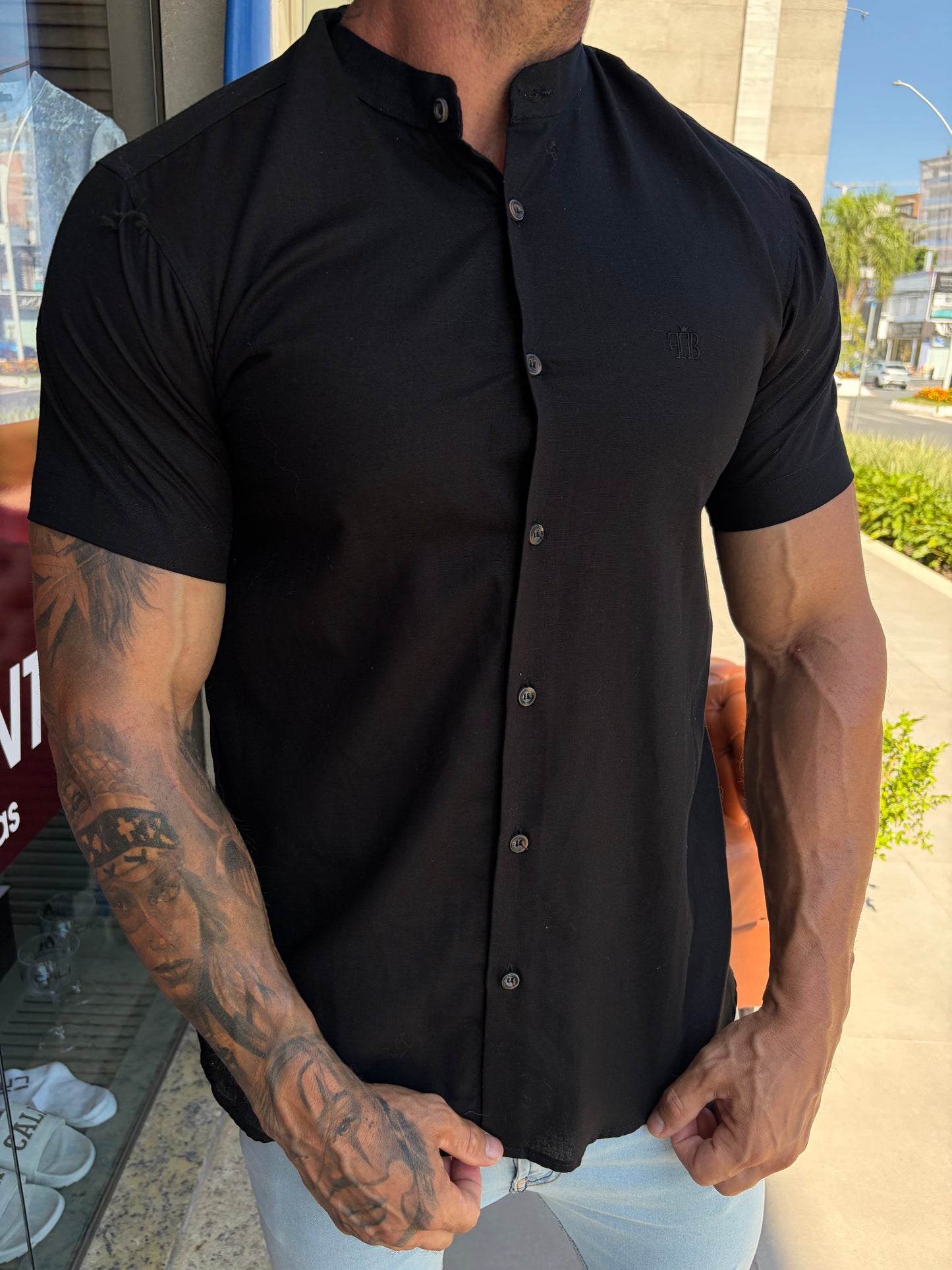 Camisa Curta Linho Preta