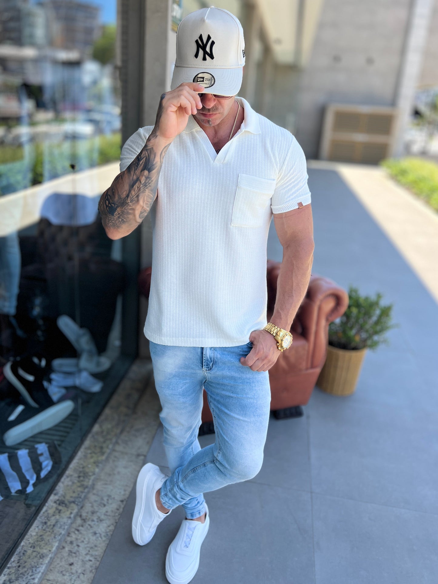 Camiseta Polo Tricot Gola V Branca