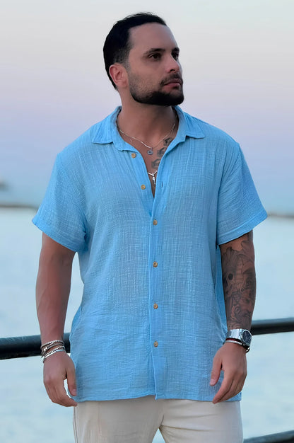 CAMISA MANGA CURTA RÚSTICA - AZUL BEBÊ